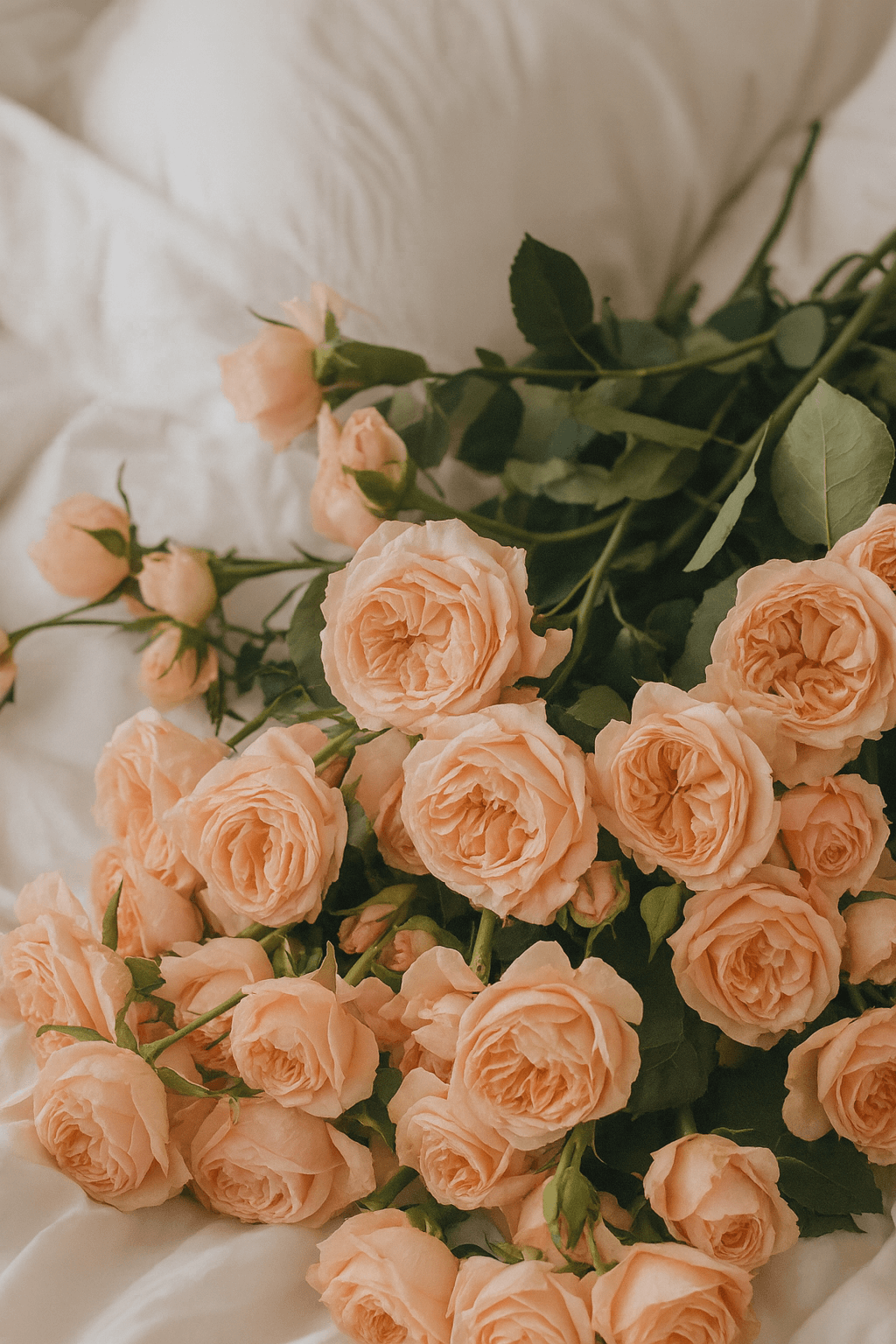 Bouquet of peach-colored roses on a white background