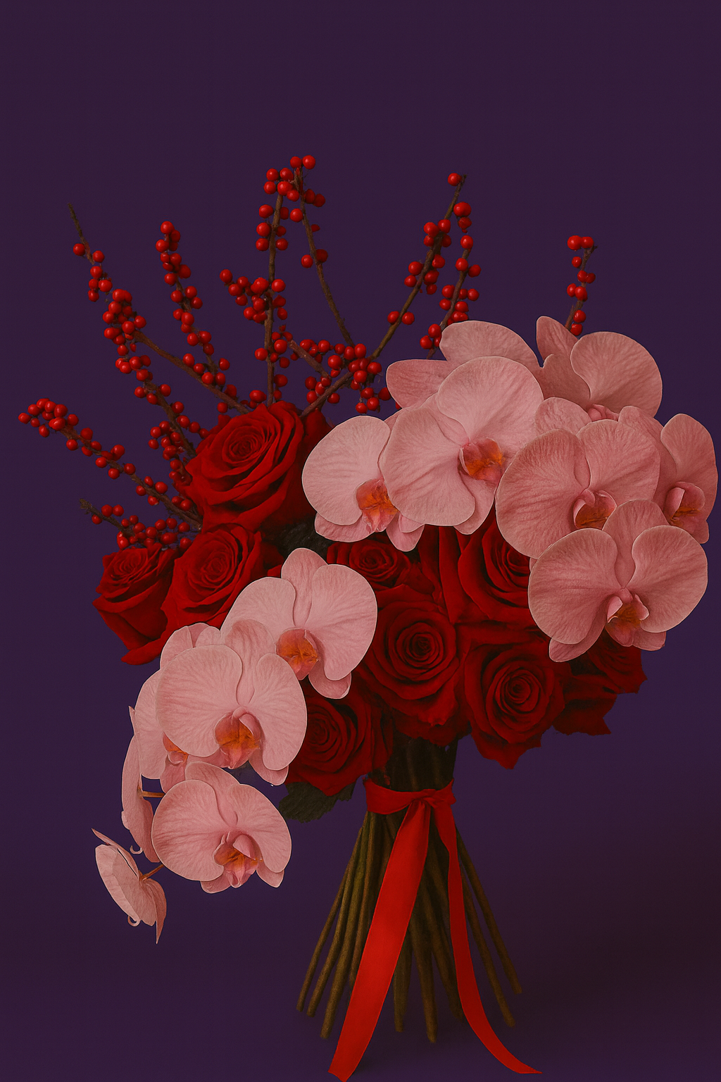 Bouquet of red roses and pink orchids with a red ribbon on a dark purple background