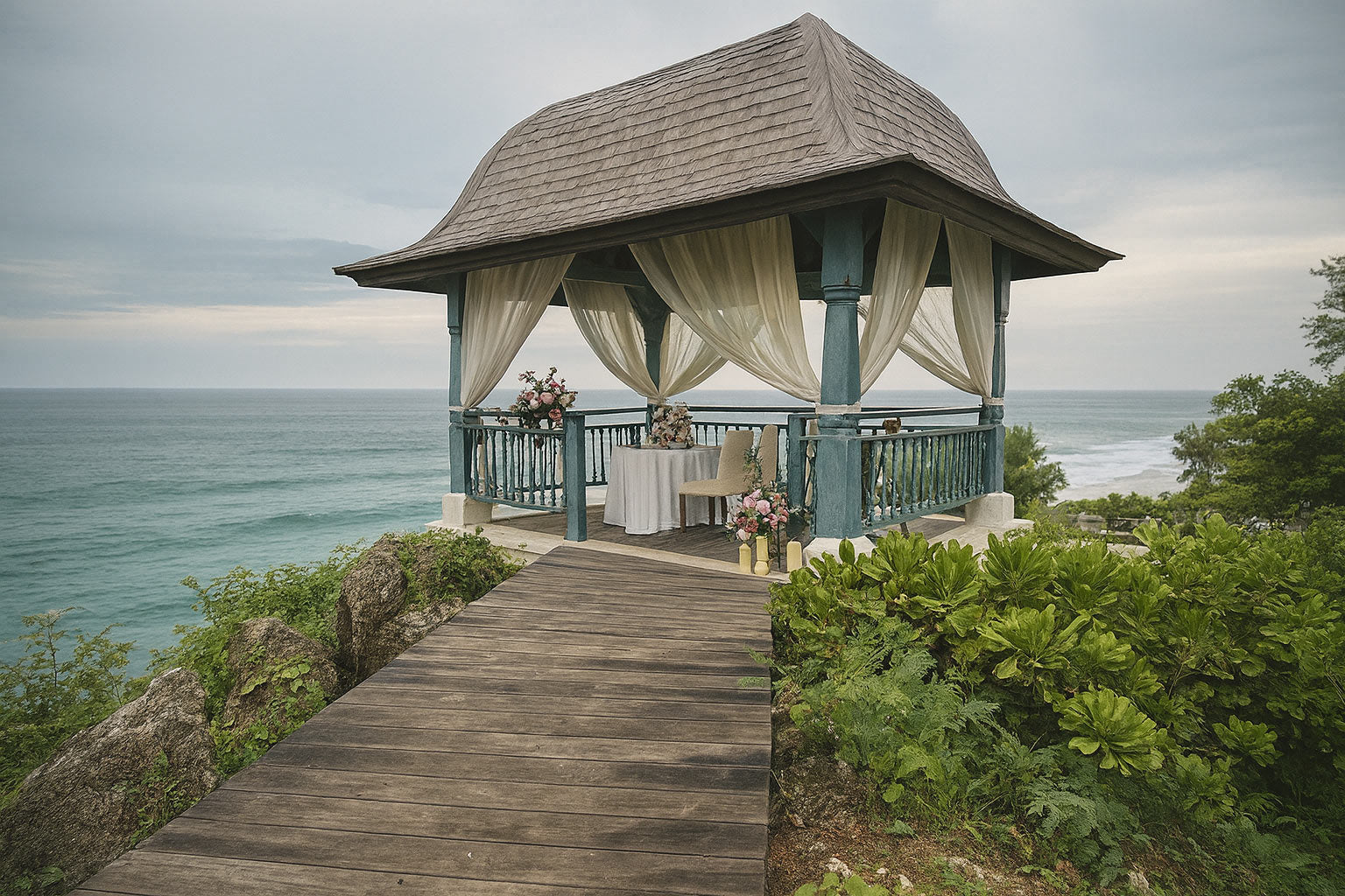 Gazebo by the ocean with tables and chairs set up for a ceremony.