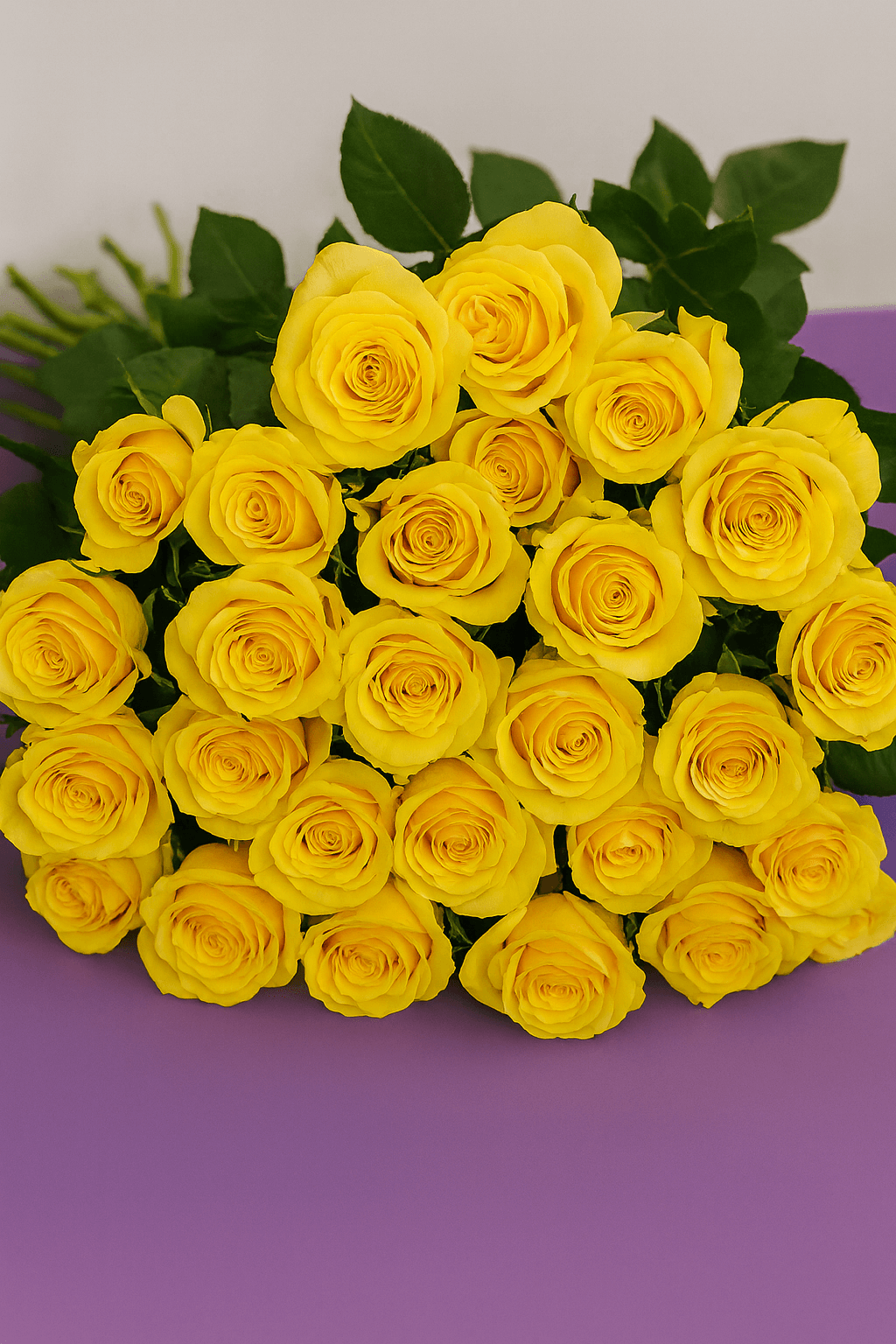 Bouquet of yellow roses on a purple background