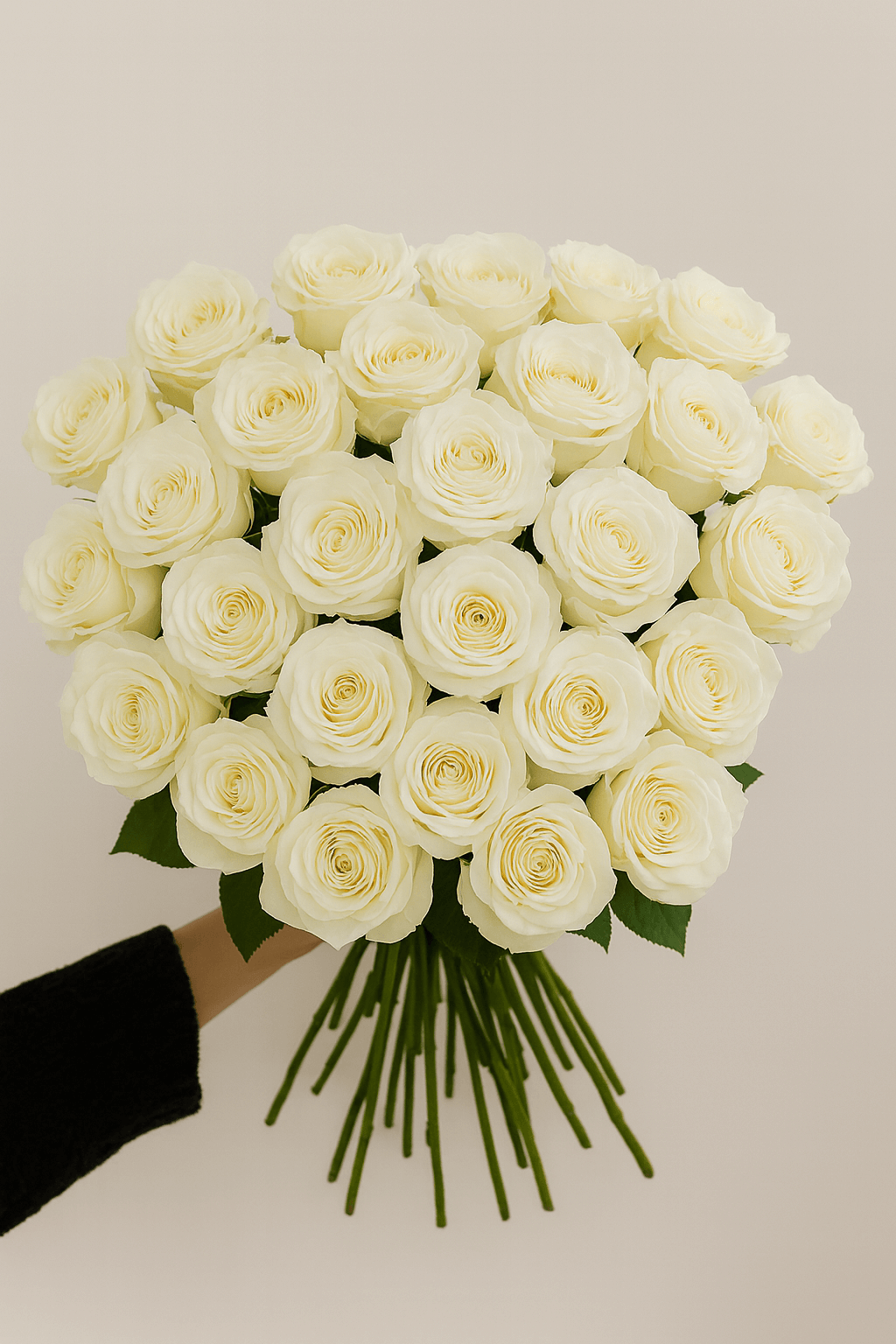 Bouquet of white roses held by a person against a plain background