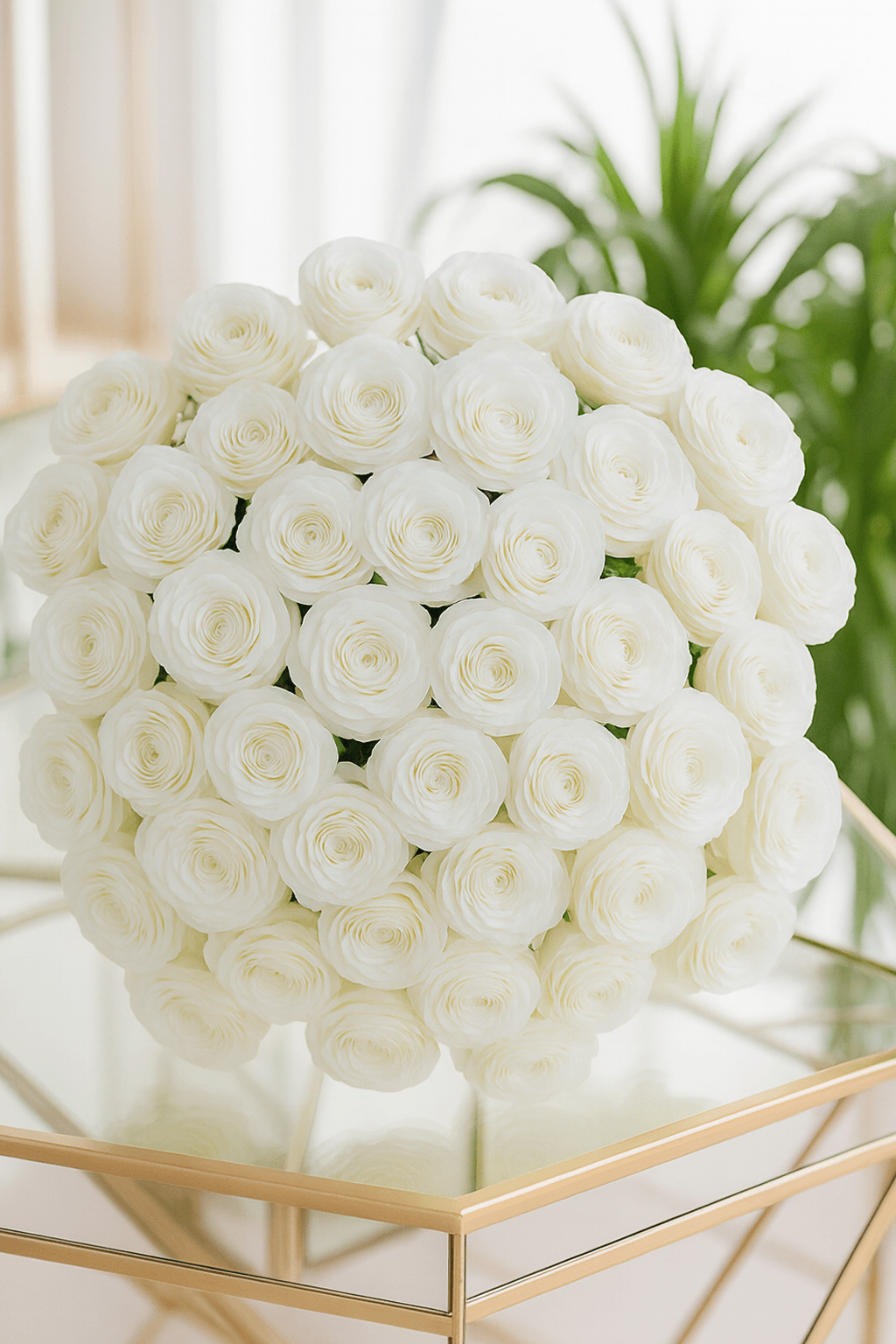 Bouquet of white roses on a glass table with a blurred plant in the background