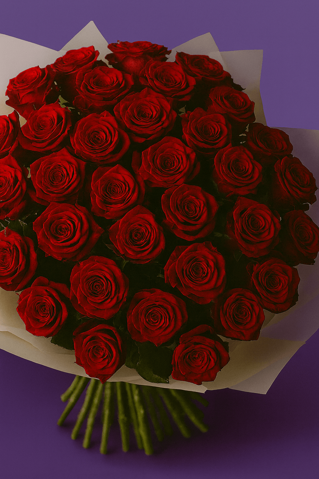 Bouquet of red roses on a purple background
